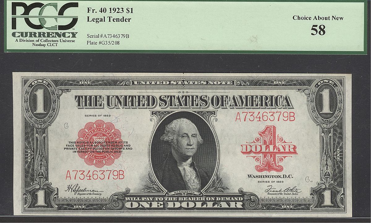 Fr.40, 1923 $1 Red Seal Legal Tender Note, vCh.AU, PCGS-58, A7346379B